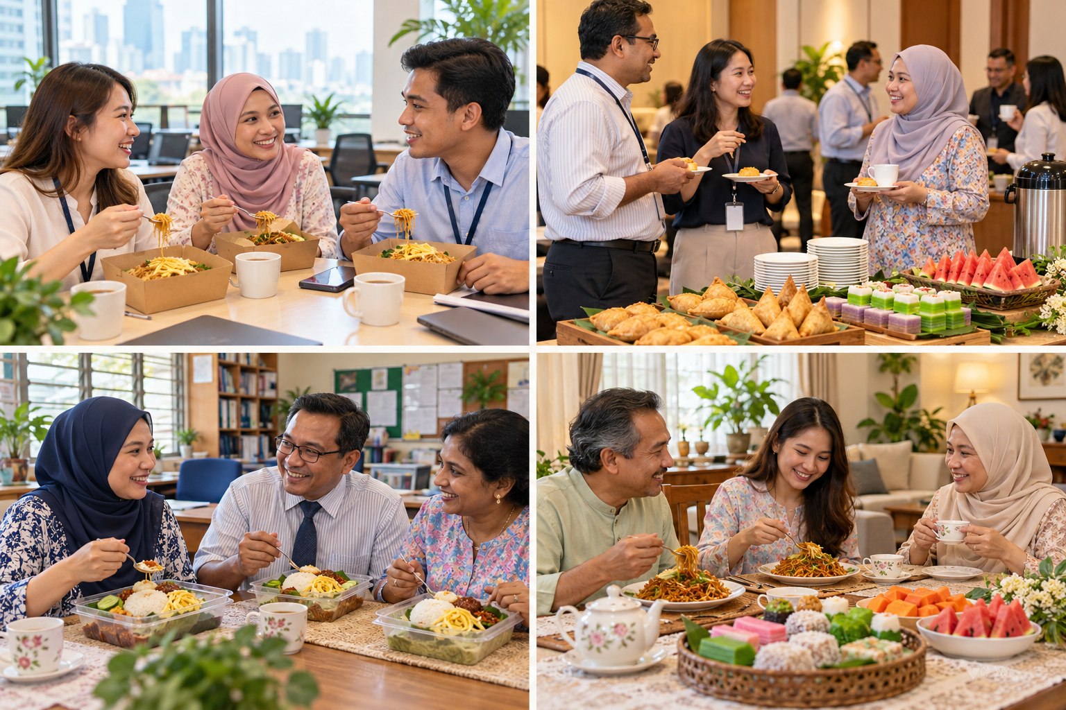 Kolaj empat suasana Breakfast dan Hi-Tea: sarapan pejabat, rehat seminar, jamuan guru dan minum petang keluarga