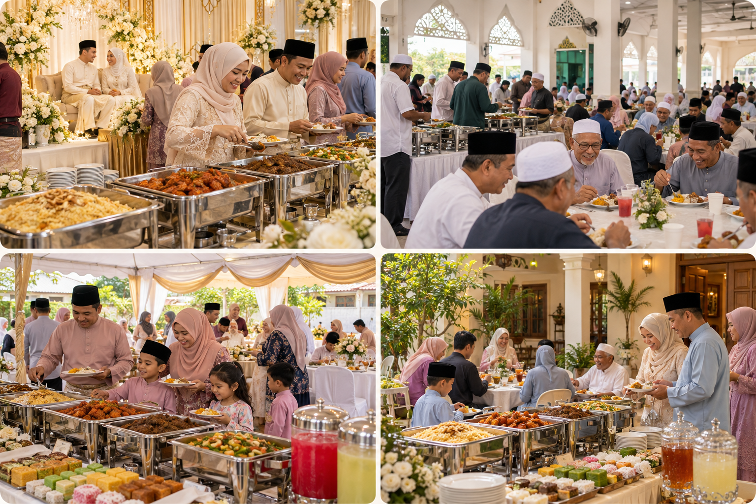 Ilustrasi empat suasana Buffet Kenduri: majlis nikah, jamuan komuniti masjid, kenduri kahwin dan doa selamat keluarga.