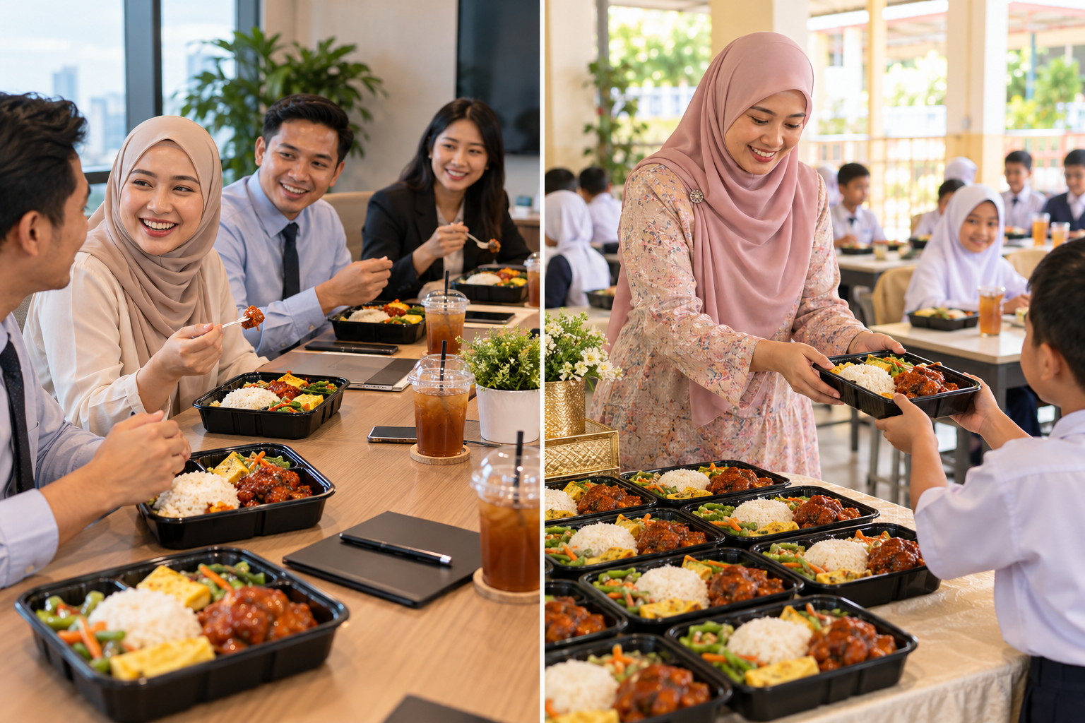 Ilustrasi dua kegunaan lunch box: mesyuarat pejabat dan jamuan sekolah.