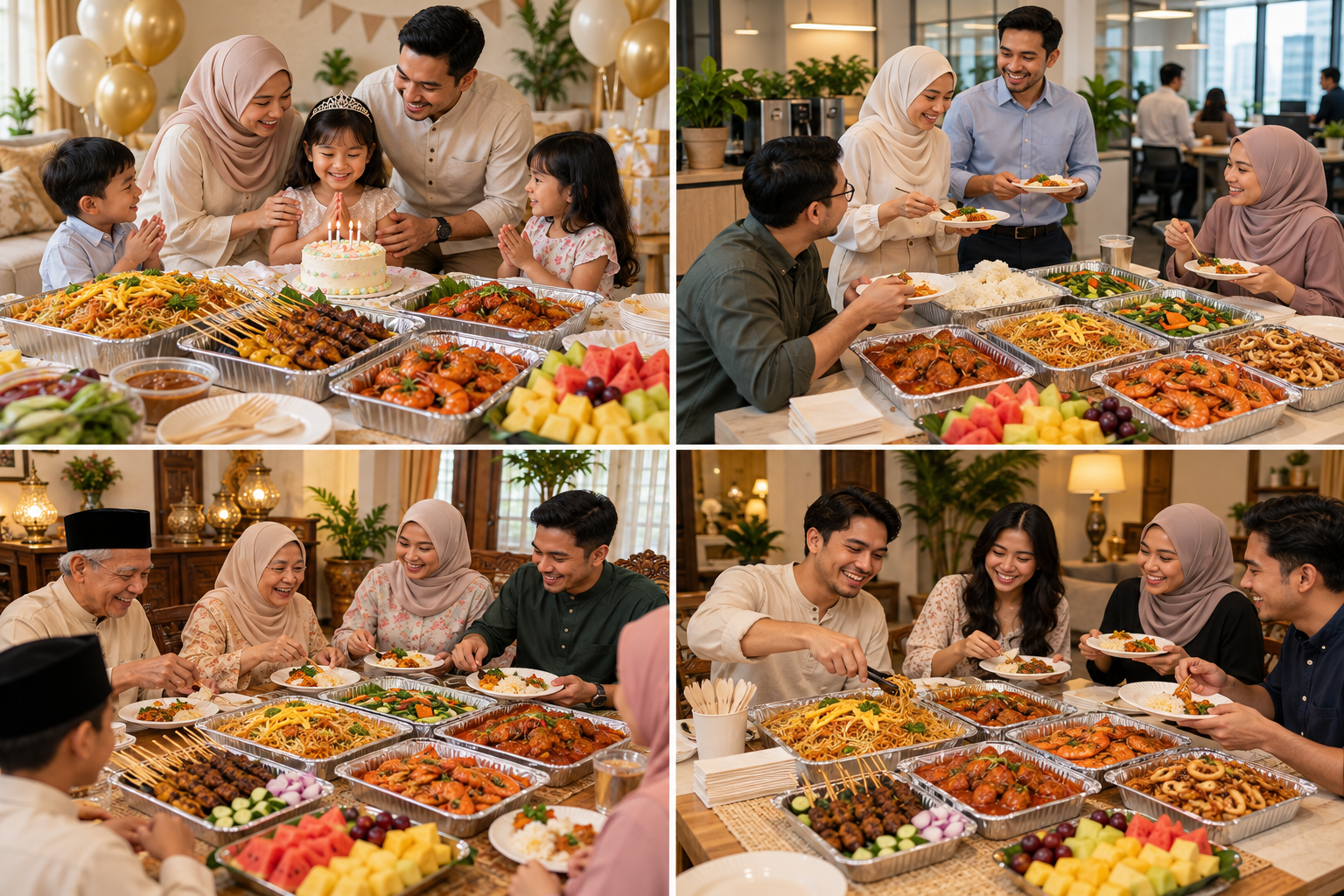 Ilustrasi empat suasana Mini Buffet: birthday party, jamuan pejabat, majlis keluarga dan pertemuan bersama rakan di rumah.